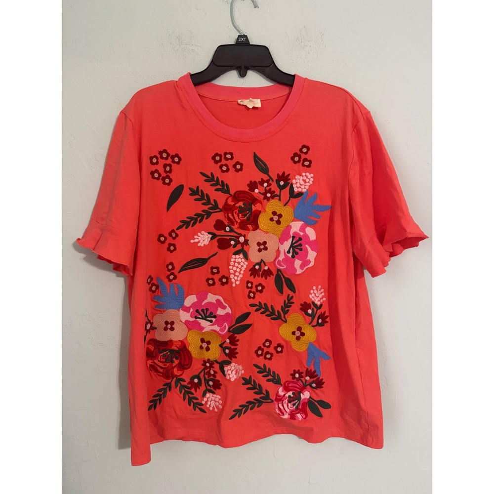 Layers Clothing Coral Floral Embroidered Ruffle Sleeve Top CR1030 Mens M